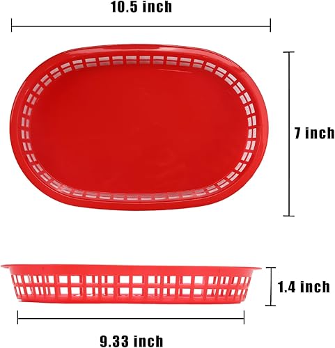 Miniatura 3 de Pistole Paquete de 40 cestas de comida rápida de 10.5 x 7 pulgadas, canasta ovalada de plástico rojo, bandeja de almacenamiento reutilizable para