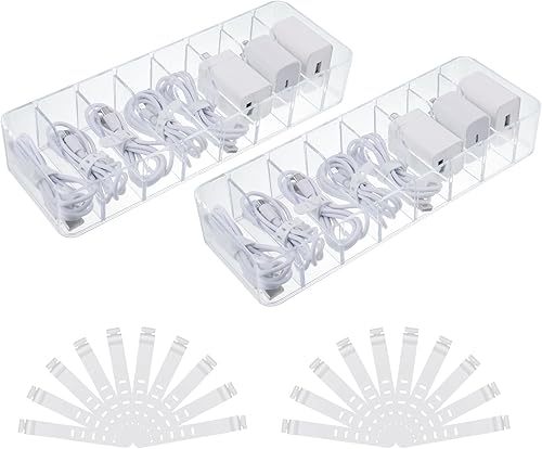 Guiqulai 2 cajas organizadoras de cables de carga transparentes, caja de almacenamiento de cables de plástico con 20 bridas, organizador de cables