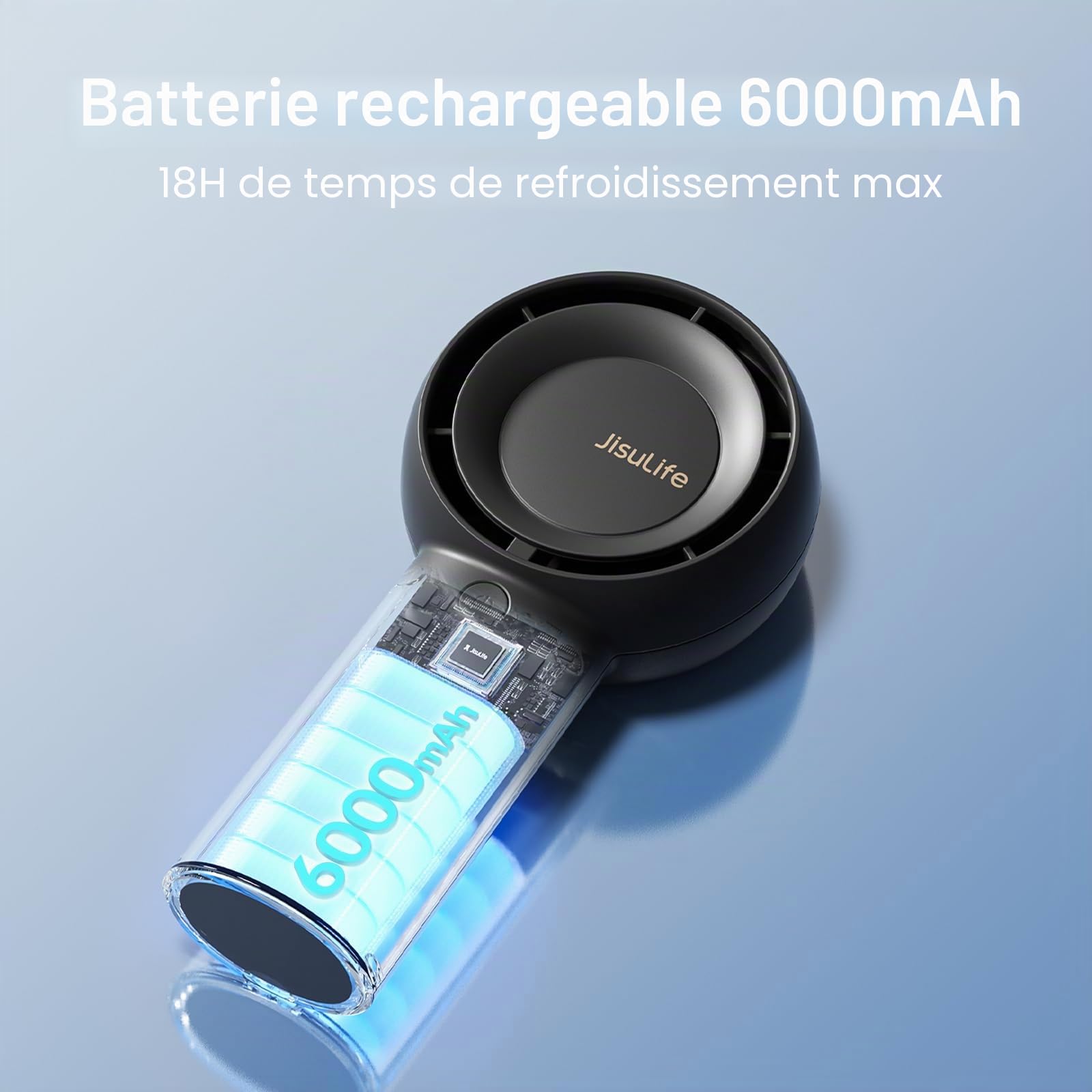 JISULIFE Ventilateur turbo portatif [18 heures de refroidissement maximum], 6000mAh USB rechargeable, petit ventilateur de poche avec 5 vitesses pour voyage/extérieur/maison/bureau - Noir