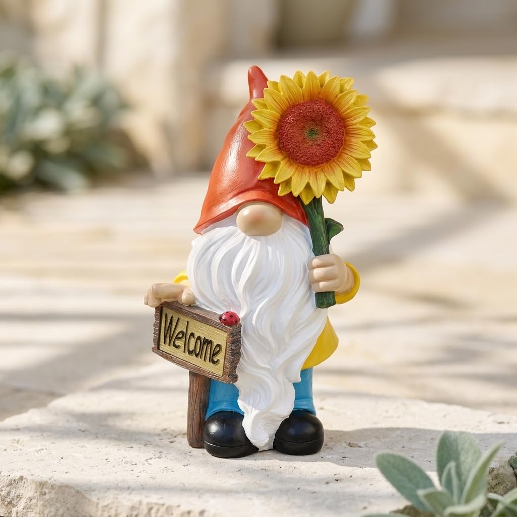 suruim Estatua de gnomo de jardín con luces LED, figura de Tomte Nisse de resina de girasol de 12 pulgadas con letrero de bienvenida, decoración de jardín al aire libre para patio, césped, patio
