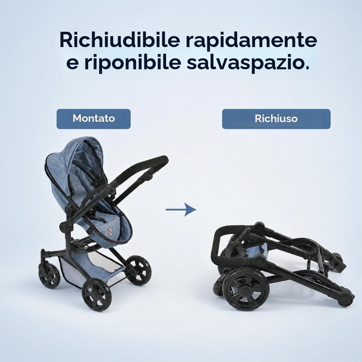 Bayer Chic 2000 - Passeggino per bambole Mika, passeggino combinato 2 in 1 per bambini dai 4 agli 8 anni, jeans blu, ragazzi