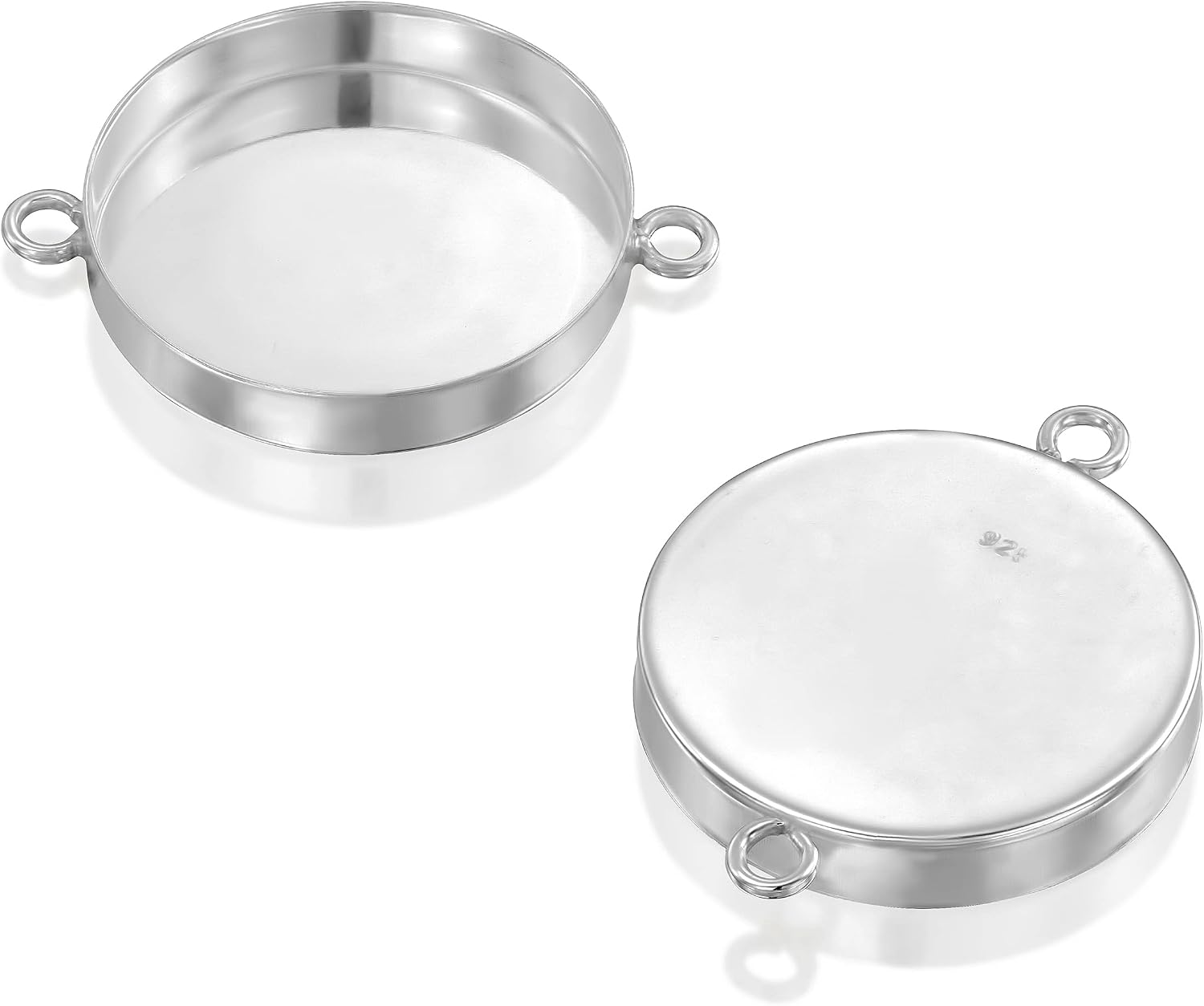 925 Sterling Silver 18mm Round Setting with 2 Loops Connector Bezel Blank Cup Findings for Pendants Charms Earrings Bracelets, 2 Pcs