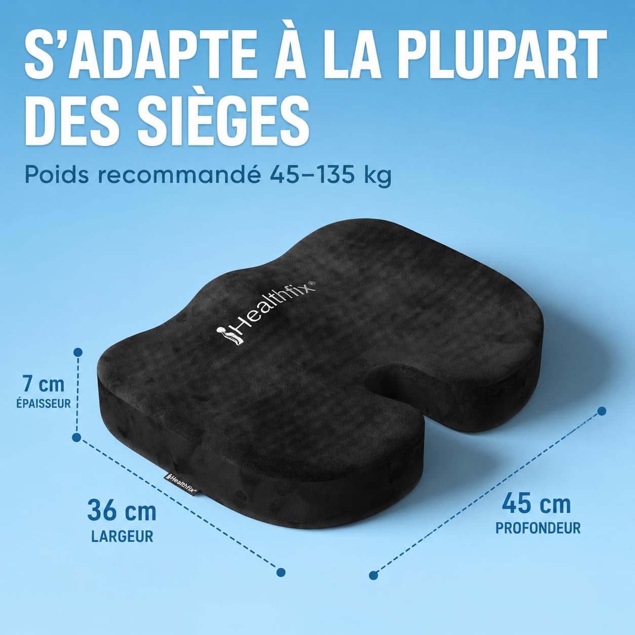 Healthfix Coussin orthopédique pour chaise de bureau, soulagement du coccyx, avec couche en nid d'abeille et housse en velours, coussin d'assise ergonomique pour bureau, voiture, maison, 45 x 36 x 7