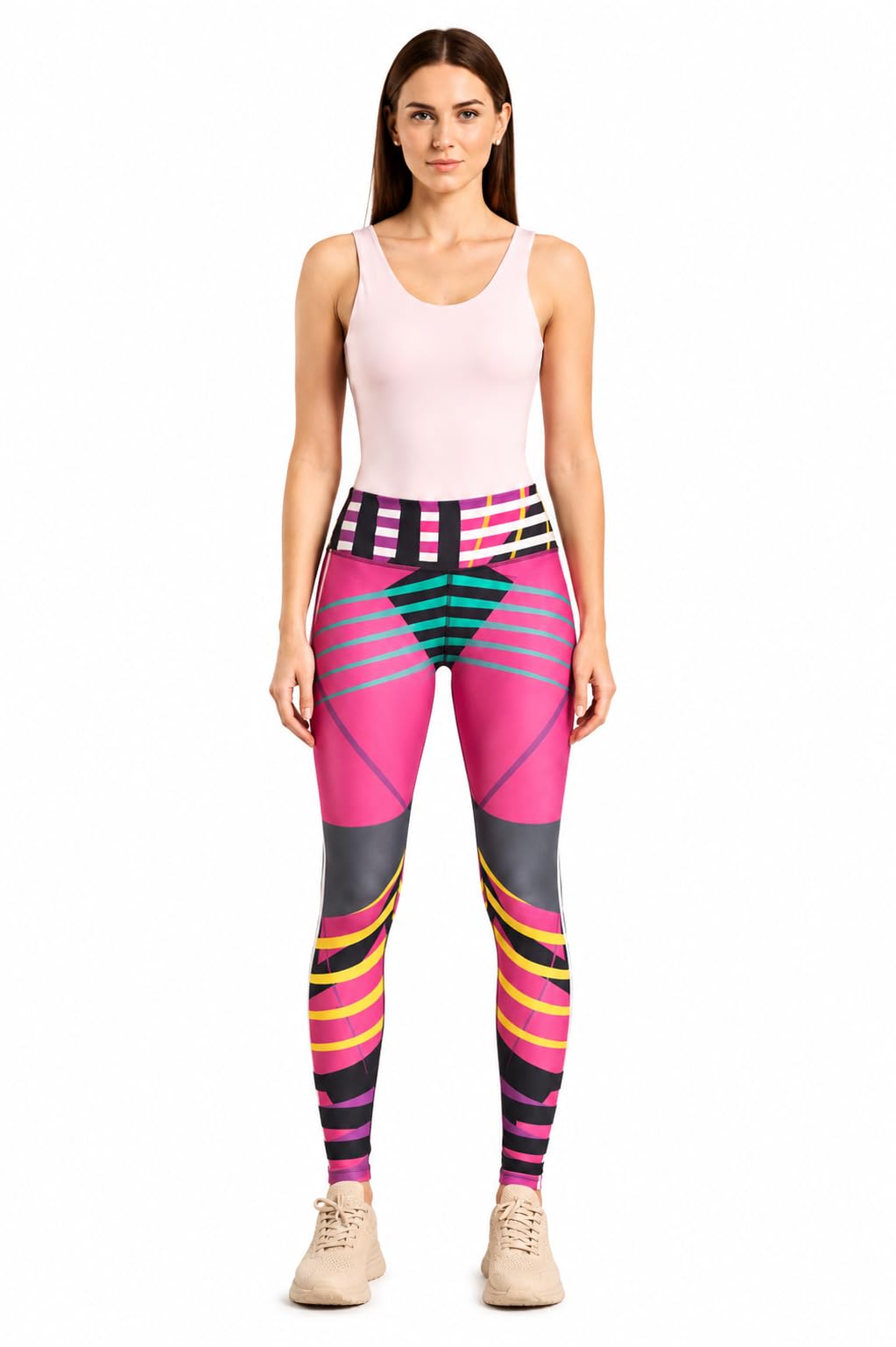 0 to 1 Women's Geometric Print High-Waist Yoga Leggings, Pink Multicolour-picture-48