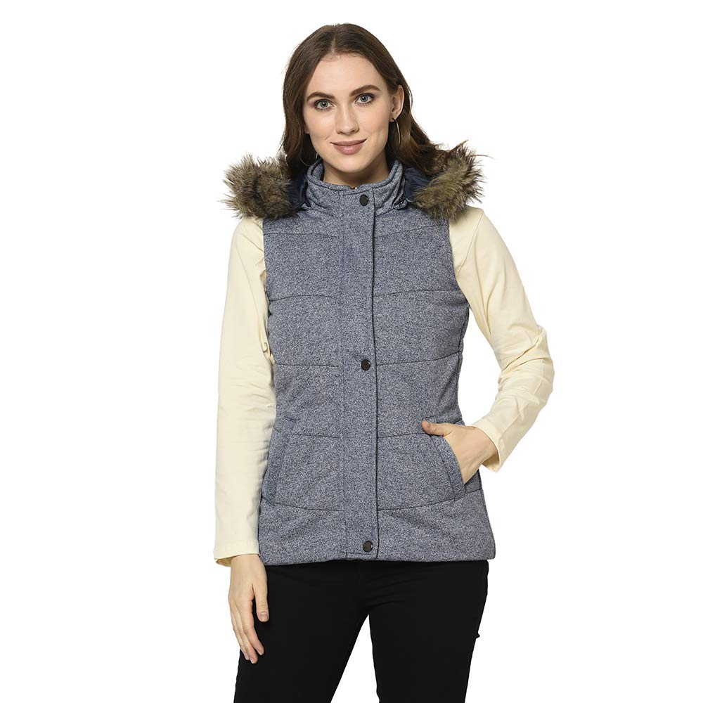 TrufitWomen's Navy Self Design Sleeveless Jacket With Hood Size_L