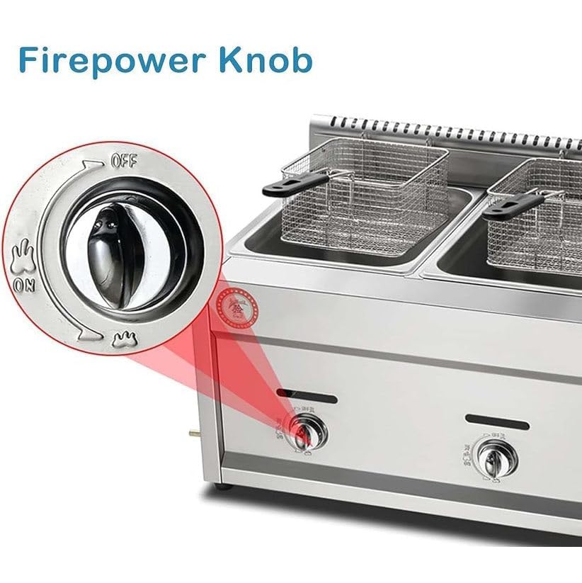 Freidora de gas GLP de doble cubeta | Freidora profunda de acero inoxidable de 9 L x 2 L con cubierta de cesta y manguera de gas de metal para restaurante y cocina en casa