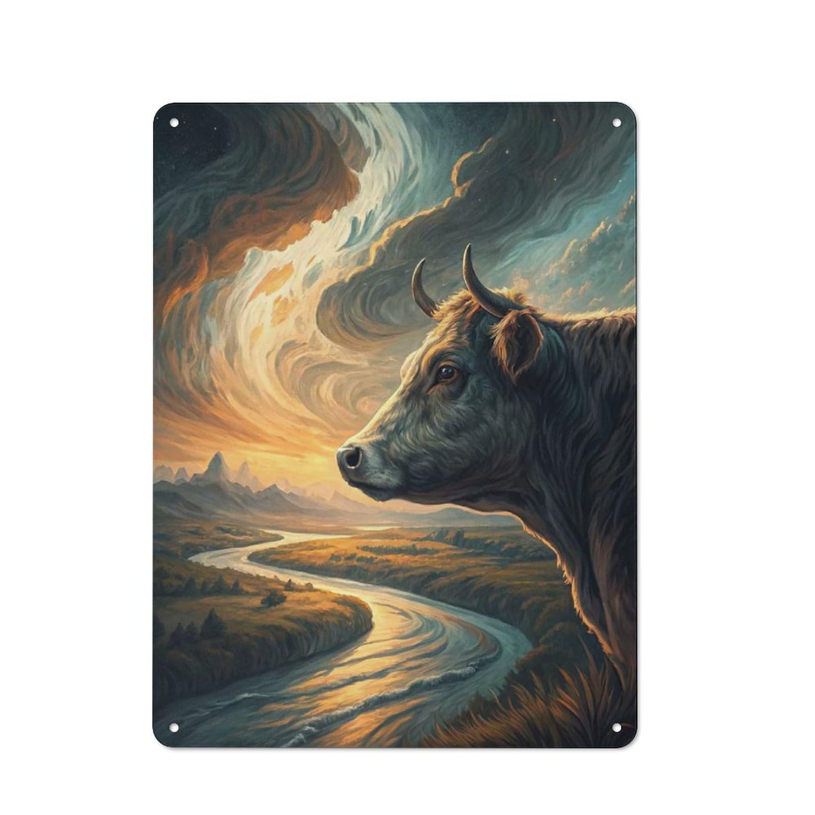 Urban Metal Wall Art Sign 40x30cm Featuring Majestic Cow Overlooking A Winding River, Urban Room Decor for Modern Home, Workshop, Office Or Cafe