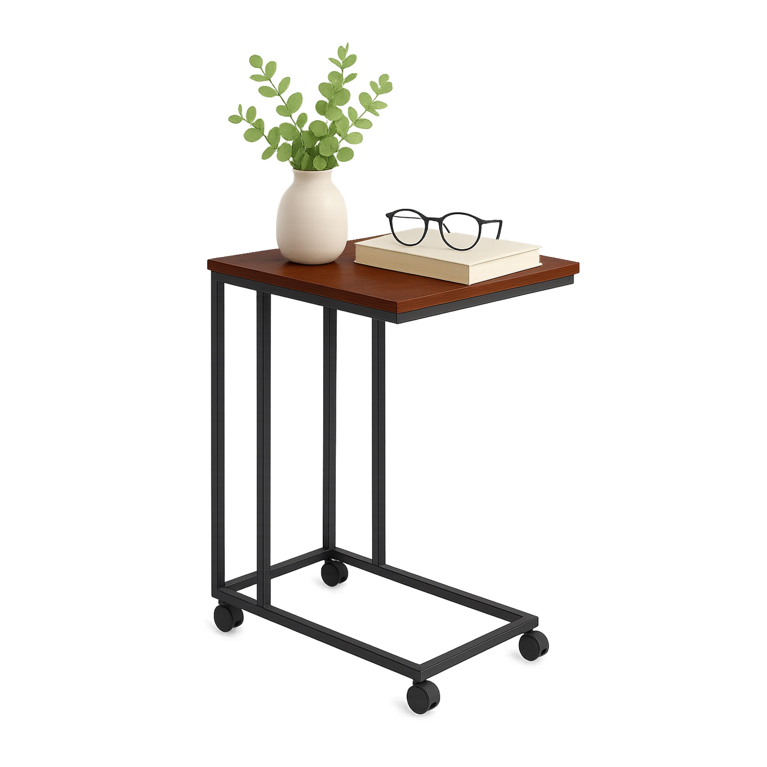 Tavolino Relaxdays con rotelle, HLP 68 x 50 x 35 cm, MDF, Metallo, Forma a C, tavolino da sottocosto, Marrone/​Nero