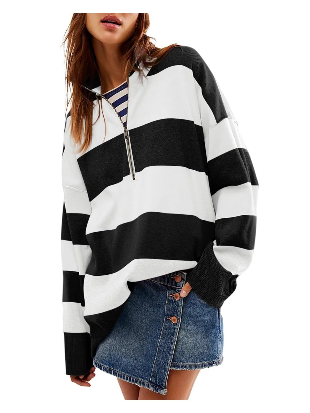 Striped Sweater Women Oversized Womens Sweaters Half Zip Pullover Women Turtleneck Cable Knit Sweater Long Sleeve Black X-Large