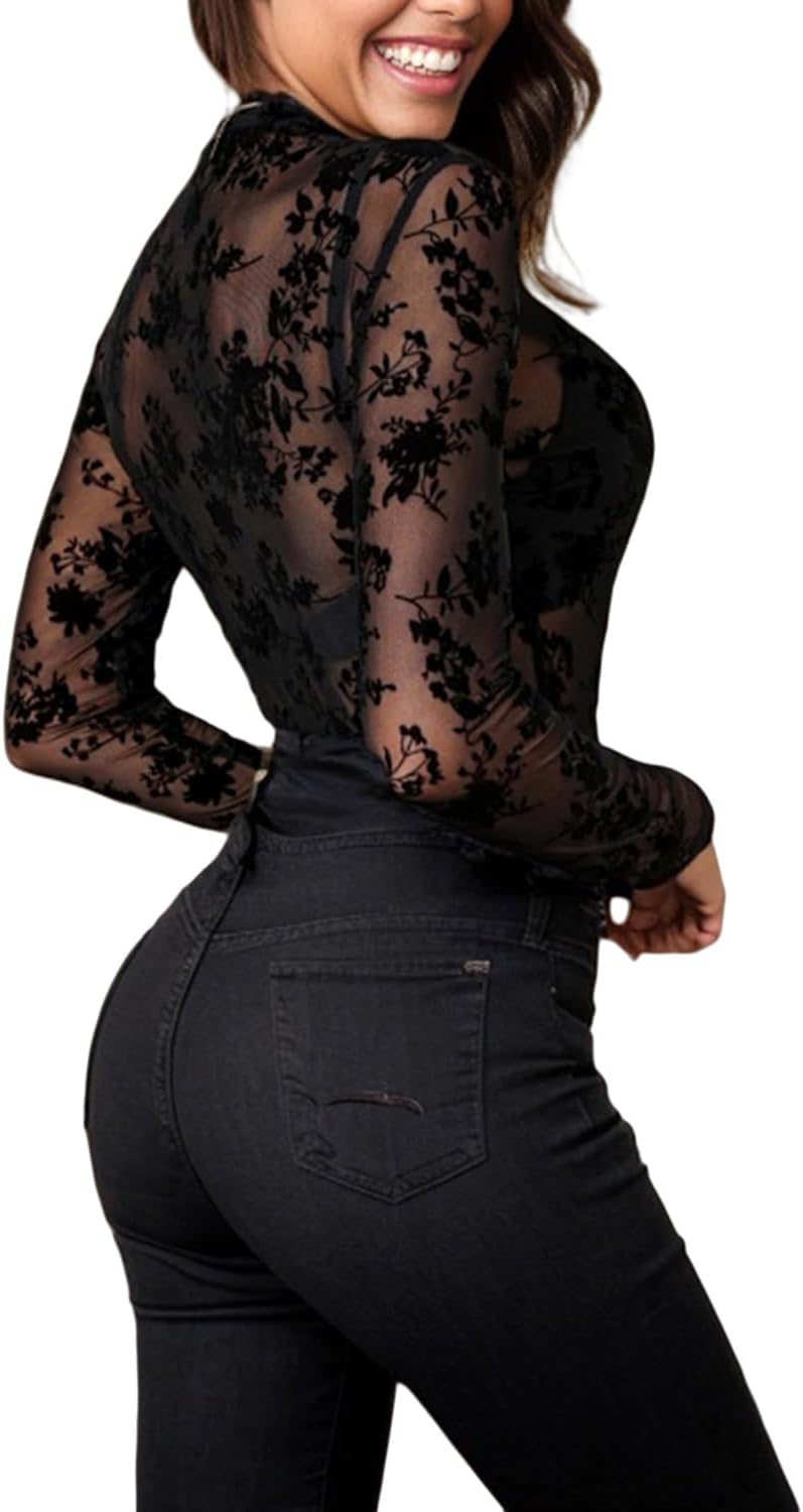 Womens Mesh Long Sleeve Tops Mock Neck Sexy Sheer See Through Tee Shirts Party Club Night Lace Blouse - Image 4