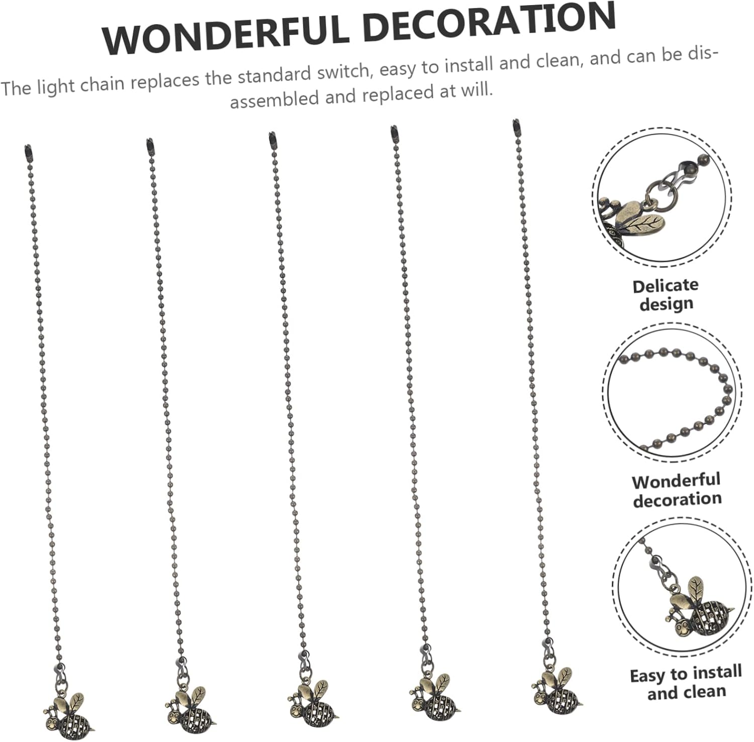 TEHAUX 5Pcs Vintage Ceiling Fan Pull Chain Extenders Metal Decorative Pulls for Fan and Light Switches Rust-resistant Ceiling Fan Chain Extensions for Bathroom and Home