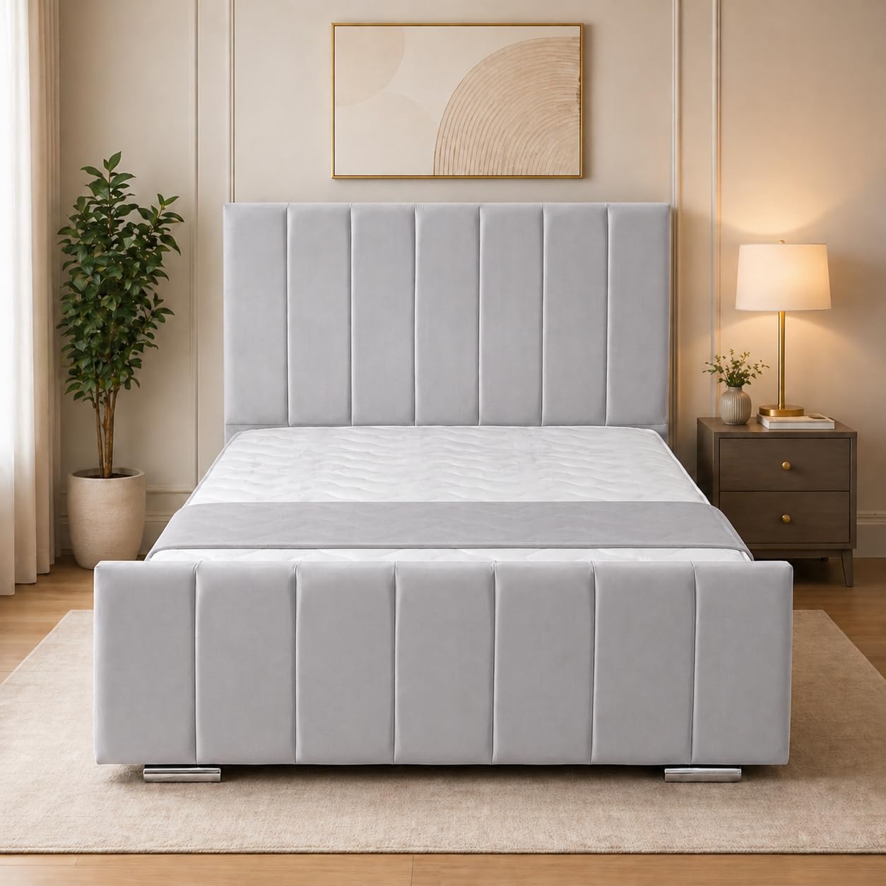 UK Bed Furniture - Kensington Upholstered Bed Frame, Luxury Plush Design with Modern Headboard & Footboard, Bedroom Bed Frames-Single, Double, King & Super King Sizes (Silver, Double)