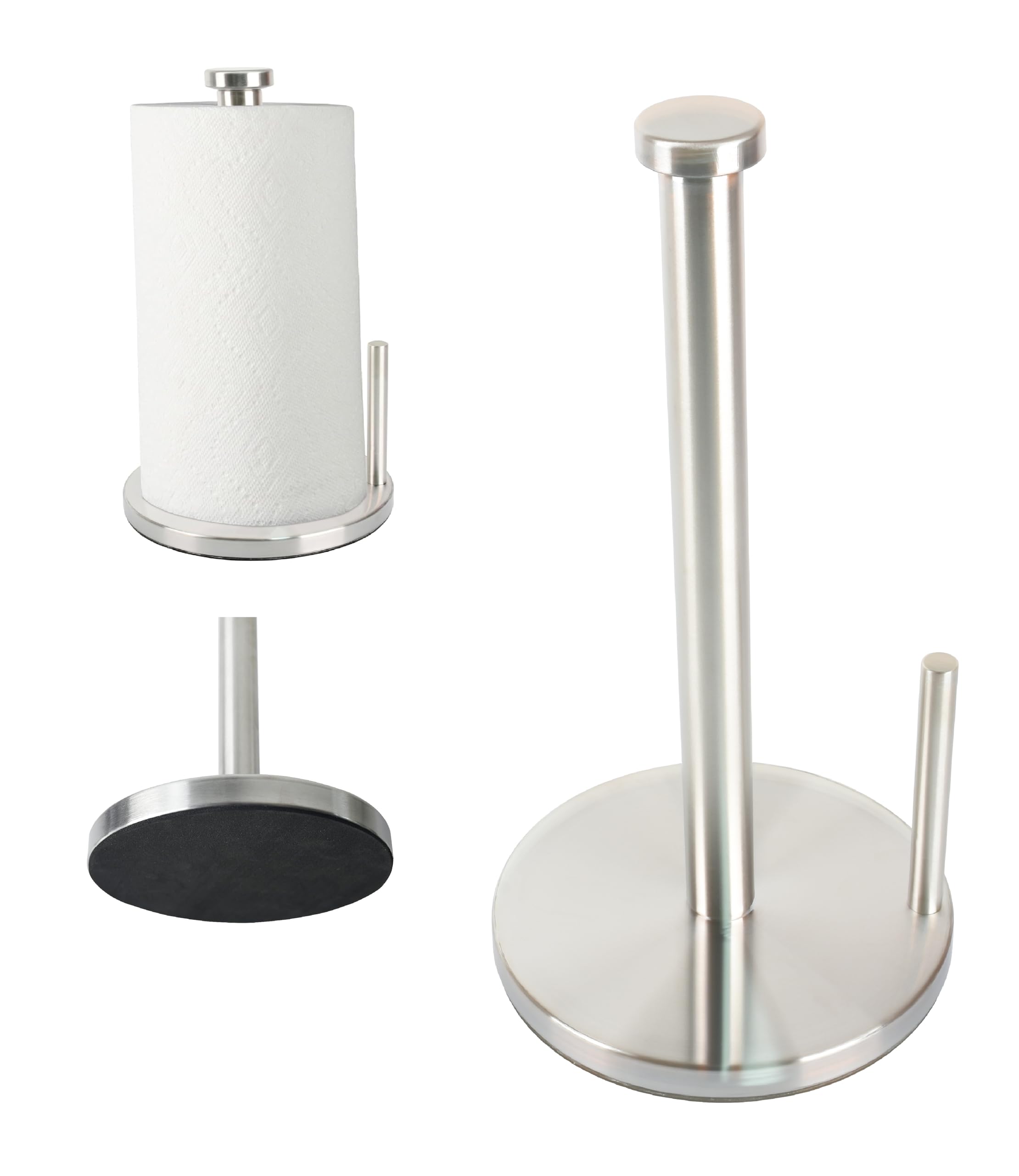 Paper Towel Holder with Side Rod, Stainless Steel, Easy Tear Dispenser for Home Kitchen Countertop Tabletop (Silver)