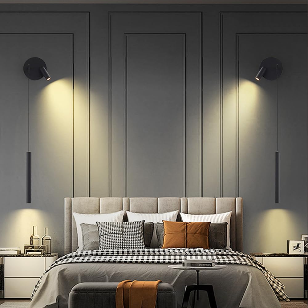 Mjsdjof Hanging Wall Sconce 2 Lights Bedside Lamp Black, Modern Tube Led COB Warm Light Spotlight Rotating Adjustable, Painting Accent Decor Reading Lighting for Bderoom Living Room Gallery
