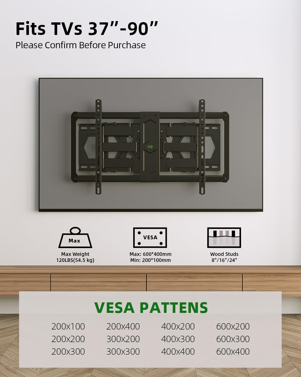 USX MOUNT Ultra-Slim Full Motion TV Wall Mount for 37-90 inch Flat Screen/LED/4K TV, Dual Swivel Articulating 6 Arms Tilt, Max VESA 600x400mm, Fits 8/16/24 Studs