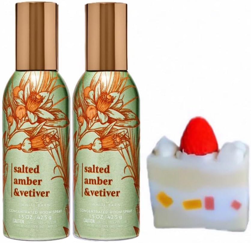 Salted Amber & Vetiver - White Barn - Bath/Body Work - 2 Concentrated Room Spray 1.5 oz / 42.5 g and Strawberry Soap Cake (Label Artwork Varies)