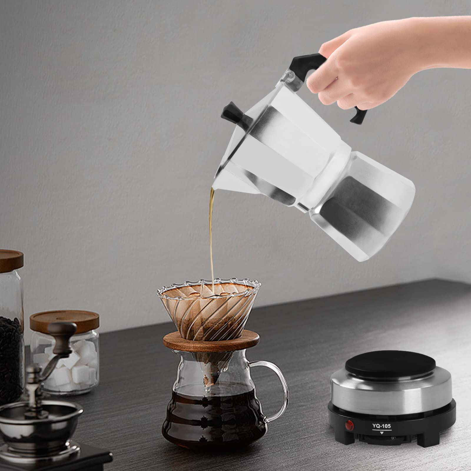 Cafetera de café espresso eléctrica, cafetera moka con placa de calefacción eléctrica, cafetera espresso pequeña, temperatura ajustable para camping (6 tazas)