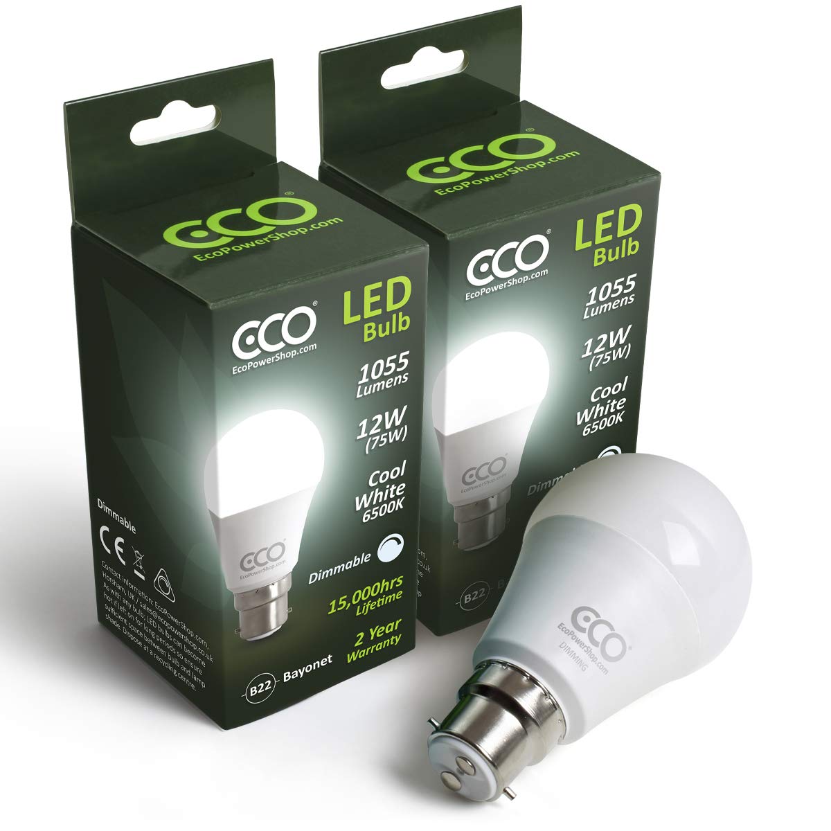 ECO 2 x DIMMABLE 2 Pin B22 Bayonet Light Bulb, 12W Dimmable LED Energy Saving Light Bulb, 75W Equivalent, Frosted, Cool White (6500K), 15000Hrs Lifetime. (2 x Pack)