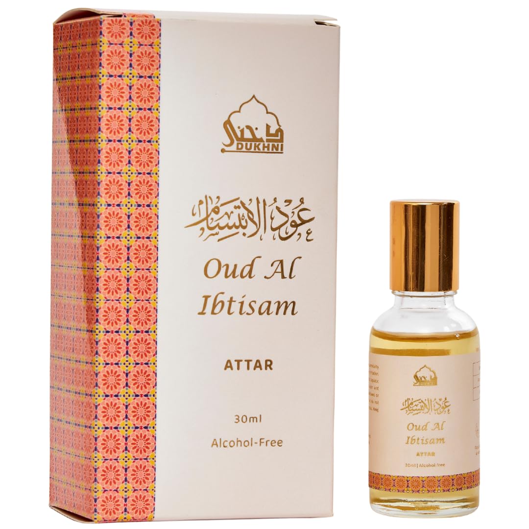 Dukhni Oud al Ibtisam Attar Oil Arab perfume oils for men and women | 30ml Pure roll on perfume scents | Arabian oud oil fragrances | Eid, Ramadan Gift, Vegan Islamic Fragrances