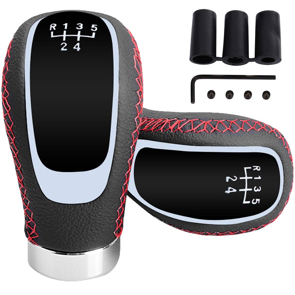 Semoss5 Speed Replacement Manual Transmission Car Gear Shift Knob Leather Universal Lever Shifter Stick for Most Vehicles with Red Stitching