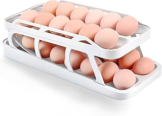 Egg Holder Dispenser, Double Rows Automatic Egg Roller Refrigerator Rolling Eggs Storage with 2 Tier Space Saving Egg Tray For Refrigerator (White)