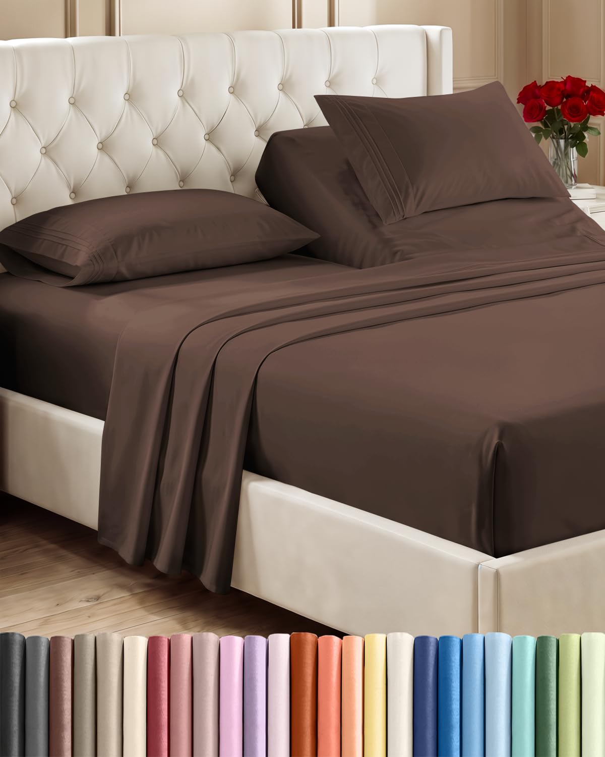 Flex Top Split Head King 4 Piece Sheet Set - Ultra-Soft, Breathable - Brown