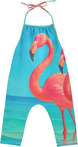 Turquoise Water Pink Flamingos Toddler Rompers Jumpsuits Little Girls Pattern Kids One Piece Summer Clothes 1t(5T)