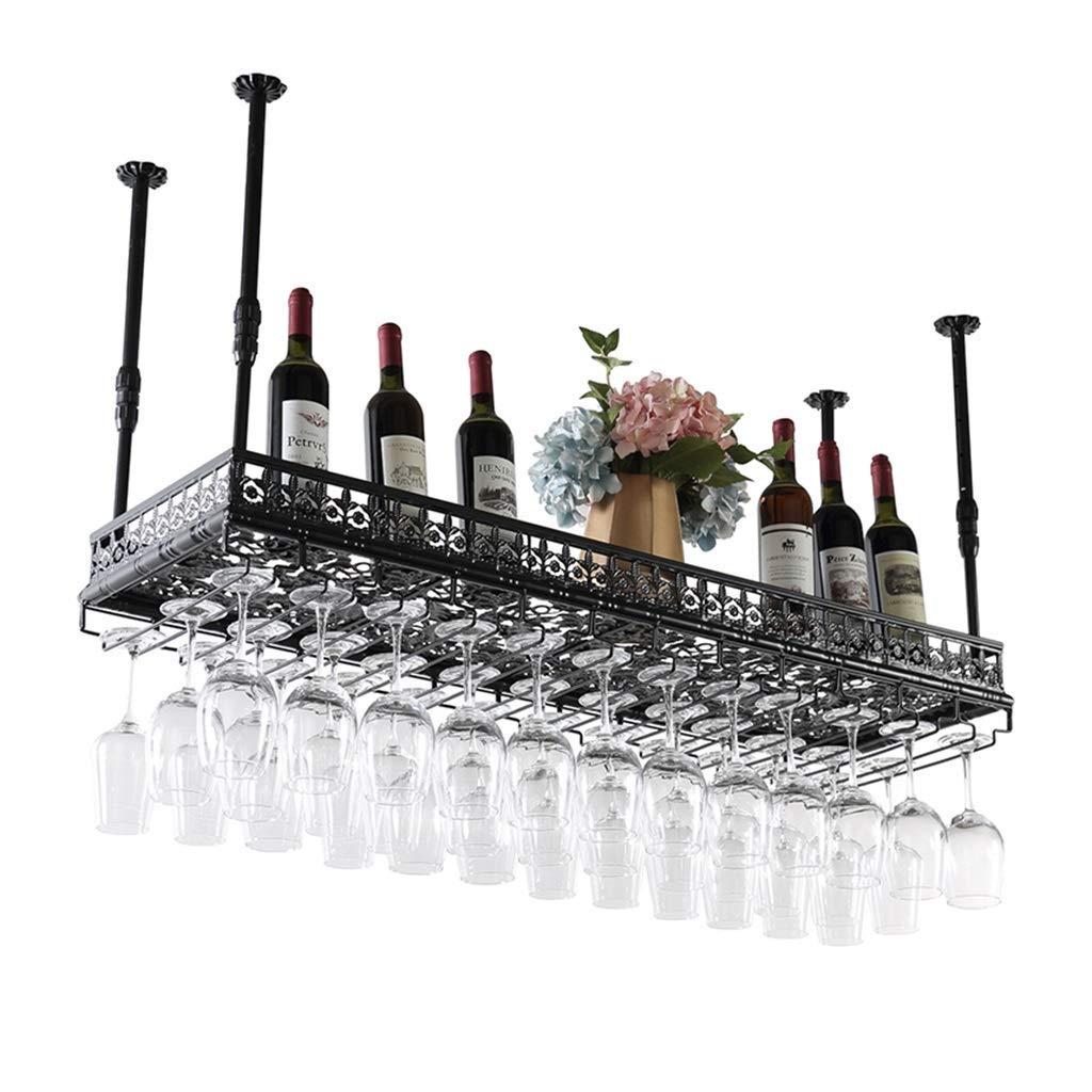 Casier à vin suspendu en métal noir avec porte-verres intégré pour bar