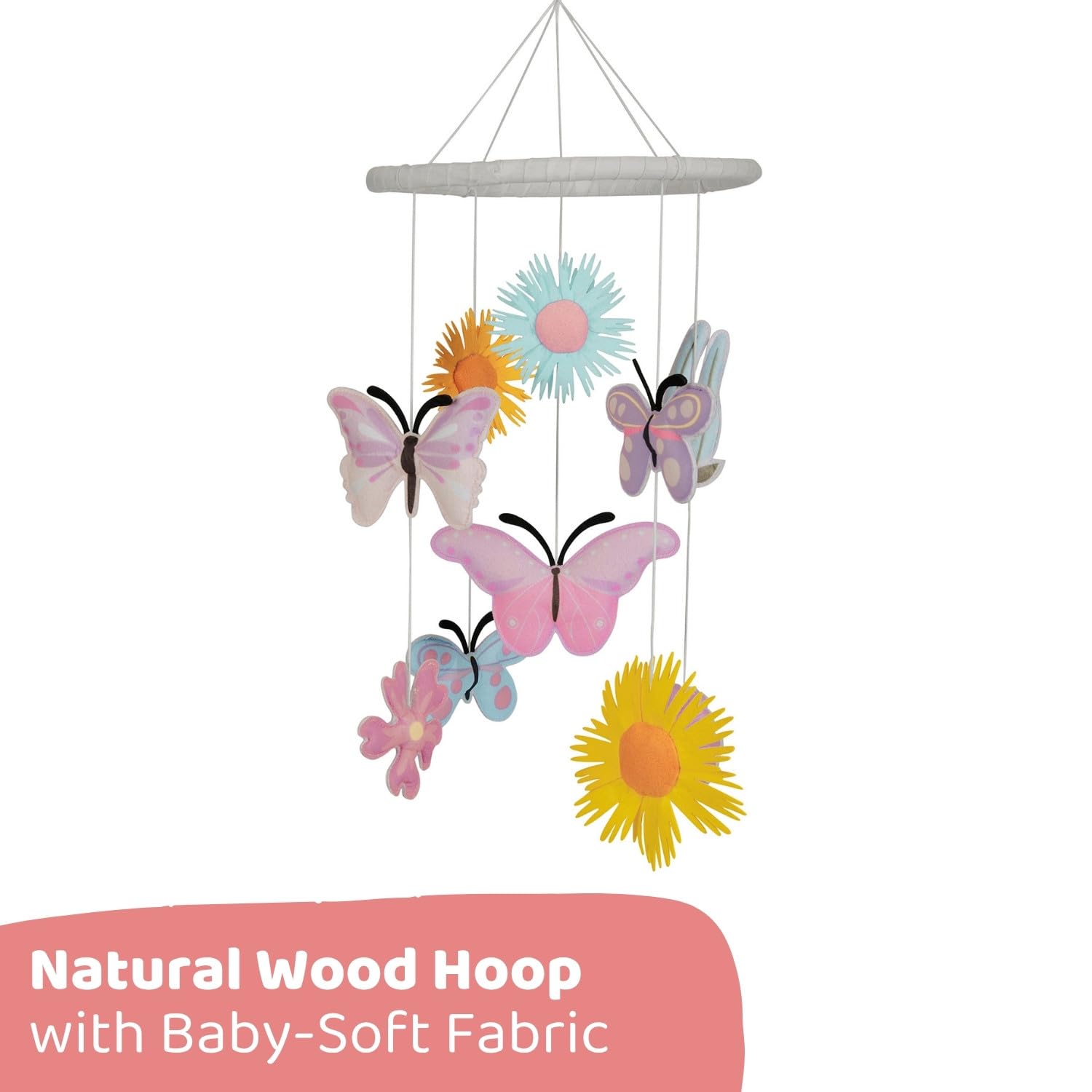 Haus and Kinder Butterfly Garden Crib Mobile - Set of 1 | Baby Nursery Mobile with Butterflies & Flowers | Soft Cotton & Wooden Ring, Pastel Colors, Soothing Motion | Non-Toxic Height 64cm 1