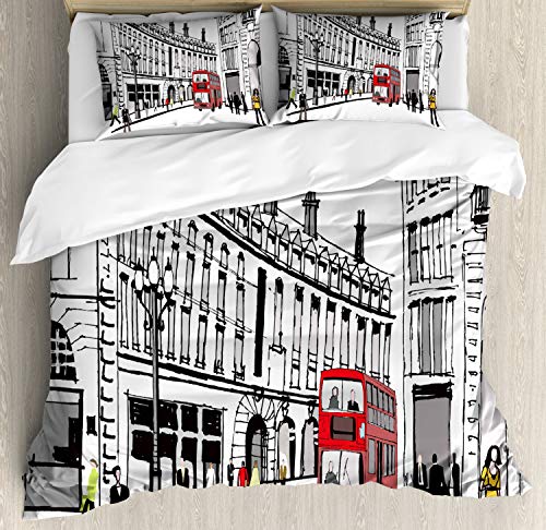 ABAKUHAUS Ciudad Funda Nórdica, Ver Urbana de Londres Piccadilly, Estampado Lavable 3 Piezas con 2 Fundas de Almohada, 200 x 200 cm   70 x 50 cm, Multicolor