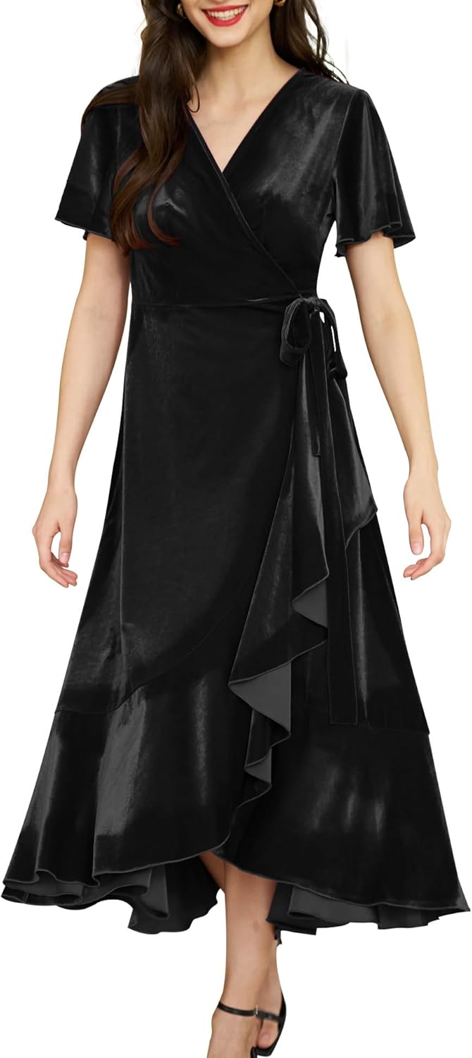 Women's Velvet Maxi Dress Boho V Neck Wrap Dress for Wedding Guest Fall Maternity Formal Dress with Pockets