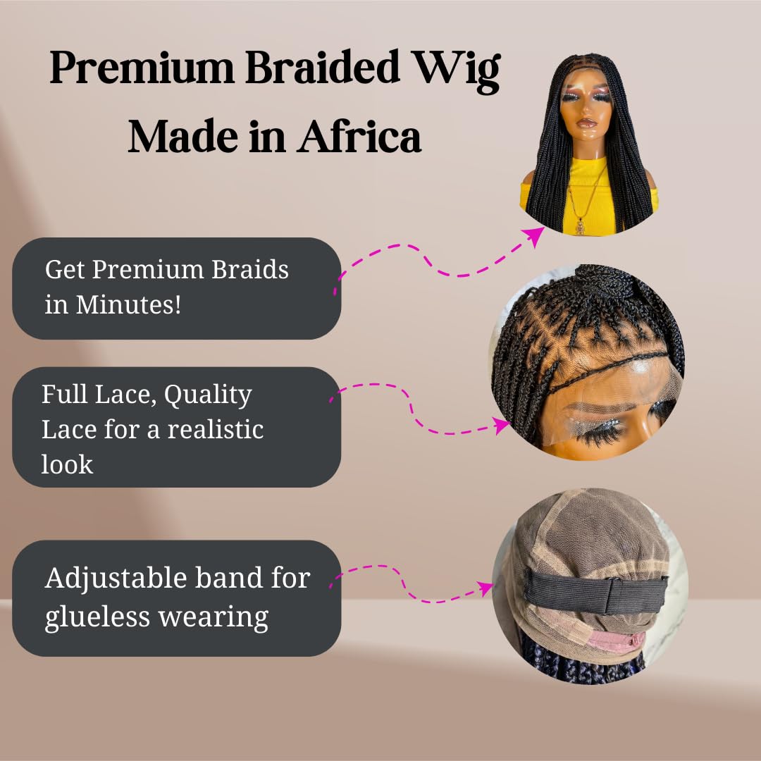 RITA – African Braided, Premium Full Lace Black Knotless Braided Wig for Women (28 Inches)
