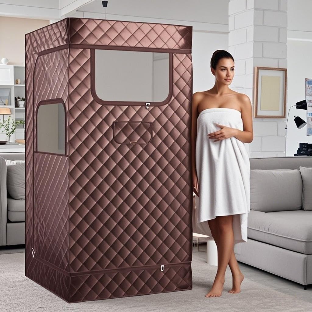 HOMASIS Dampfsauna tragbar, Heimsauna mit Dampfgenerator 3 Liter, Sauna für Zuhause mit Fernbedienung, 9 Temperaturstufen & 9 Timer, Mobiles Saunazelt mit Klappstuhl & Fußmassagegerät (Braun)
