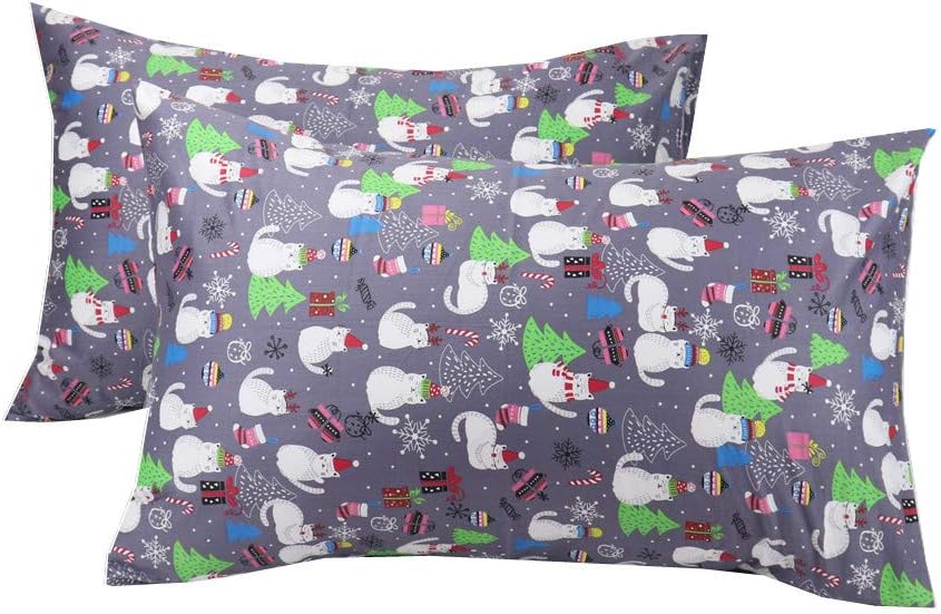 Grey Christmas Pillow Cases Standard Size, 100% Cotton 600 Thread Count Queen Size Pillowcase Set of 2, 20x30 inches