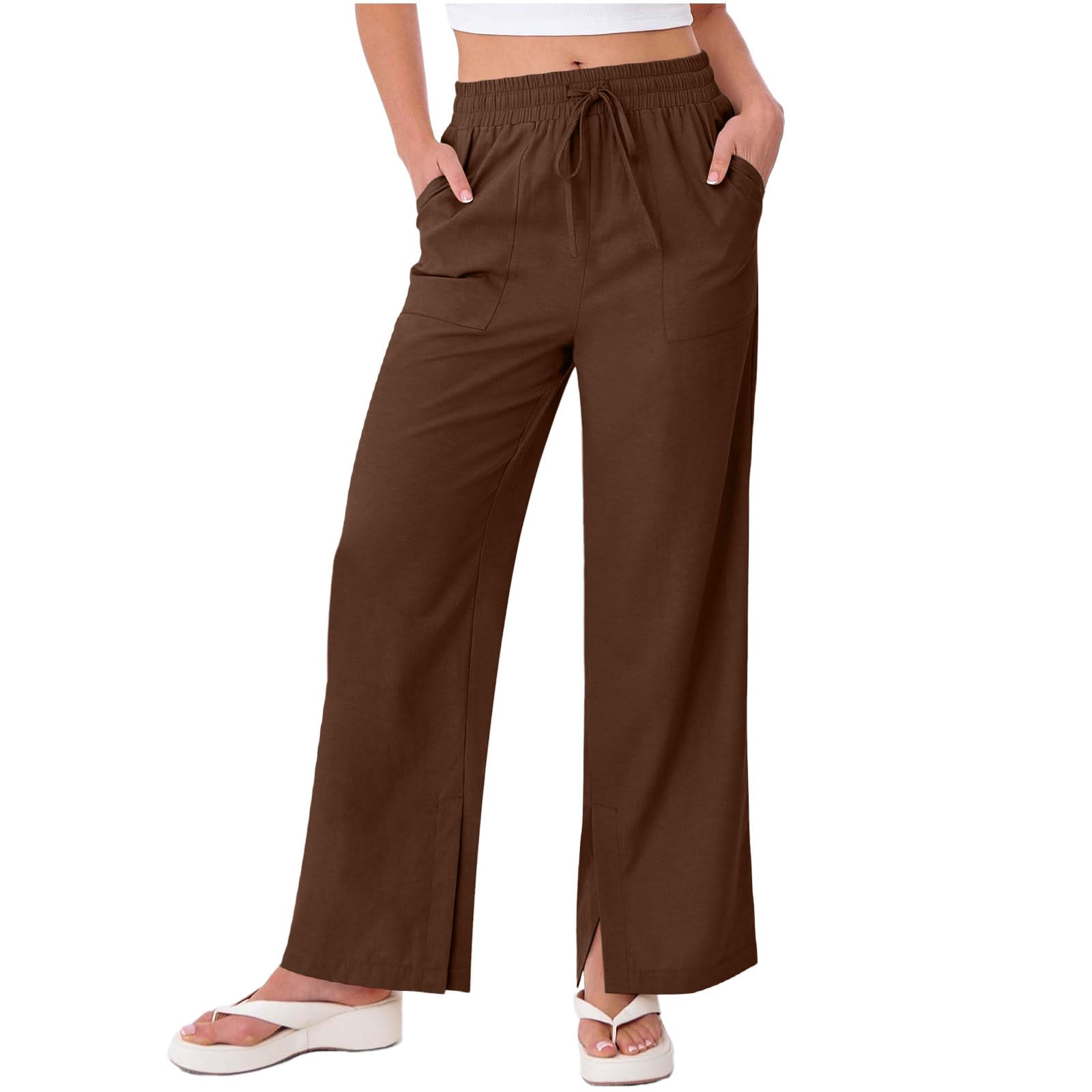 Linen Pants Women Split Wide Leg Casual Pants Plus Size Drawstring High Waisted Summer Trousers with Pockets