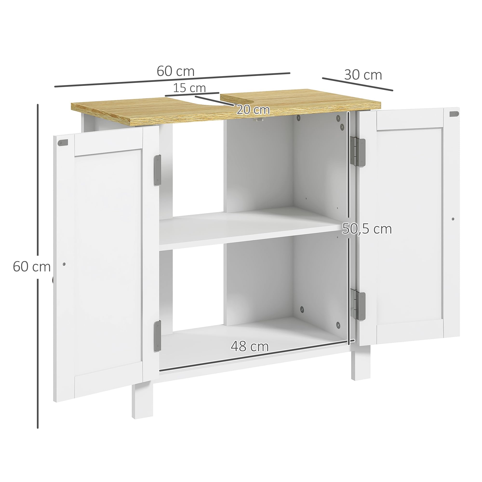 kleankin Meuble sous-Vasque, Meuble sous-Vasque pour Salle de Bains, 2 Portes, étagère réglable, 2 étagères intérieures, poignées PU, 60 x 30 x 60 cm, Blanc