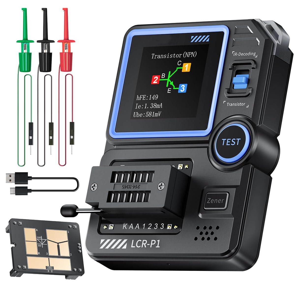 Testeur de transistor multifonction : MOSFET, condensateur, CMS, testeur de composants électroniques pour diodes, triodes, ESR, NPN, PNP – LCR-mètre avec fonction anti-brûlure