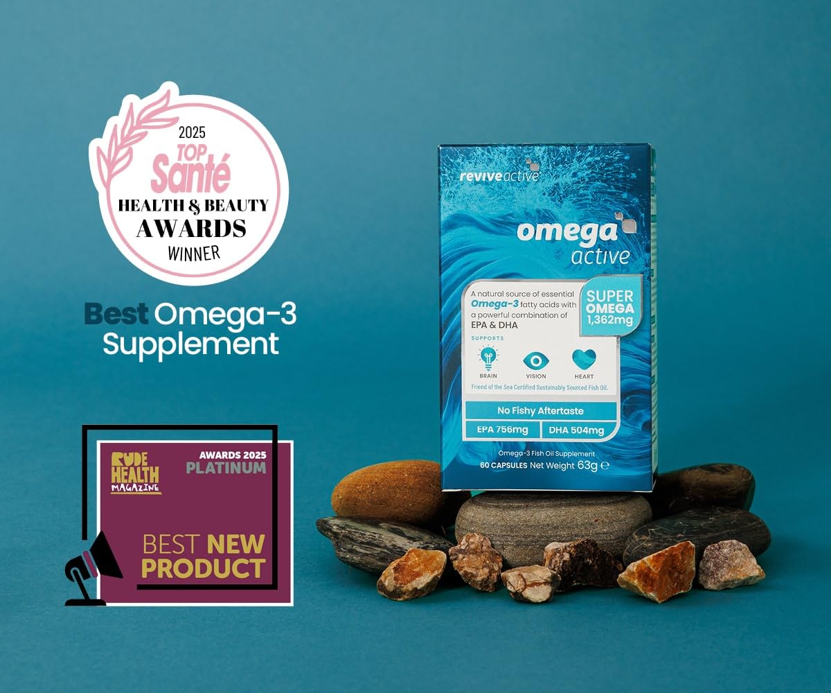 Revive Active Omega 3 Capsules High Strength - Omega 3 Fish Oil with EPA & DHA, No Fishy Aftertaste - Fatty Acids Supplements, Supports Brain, Vision, & Heart - 60 Capsules