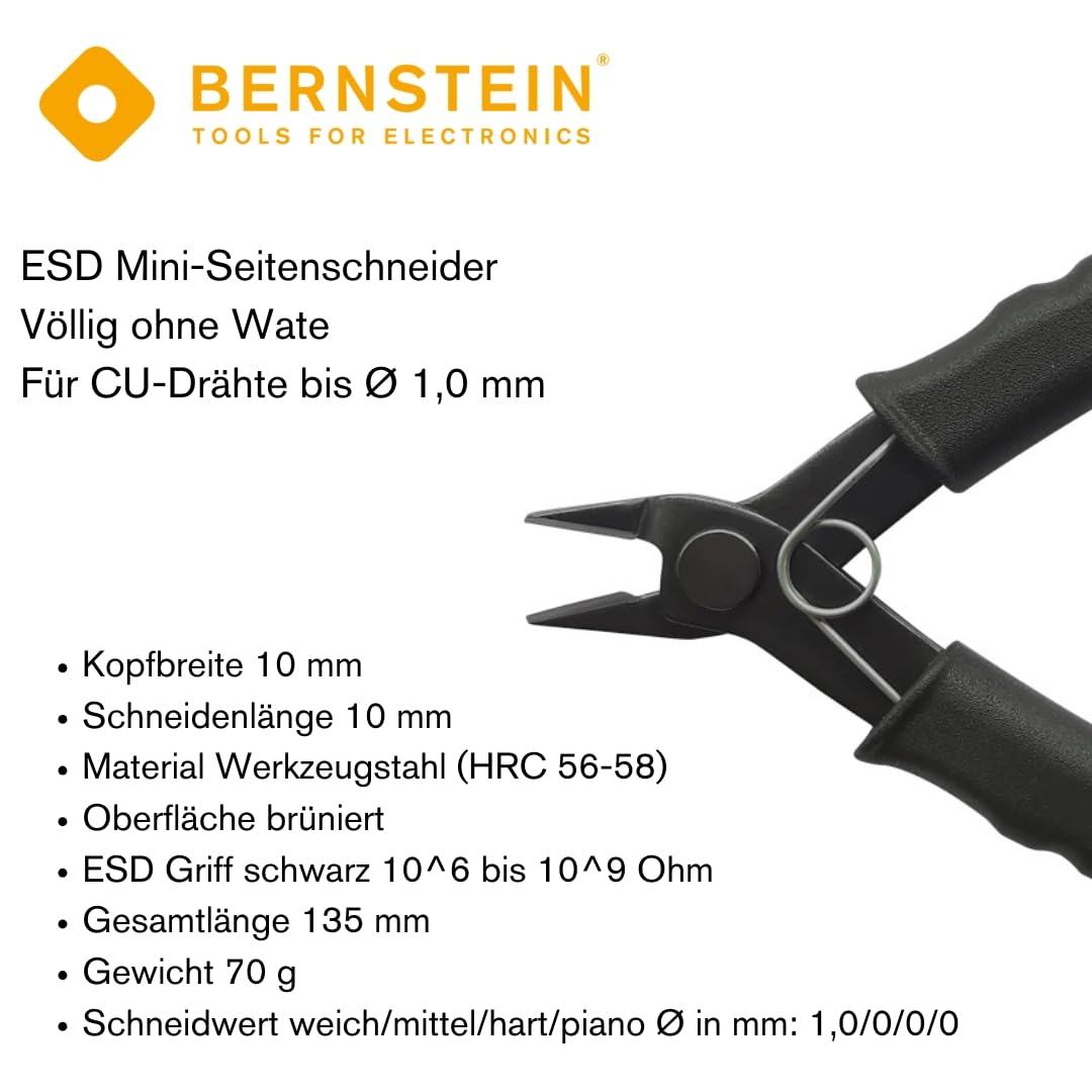 Bernstein Mini Electronic Side Cutters, 135 mm, Without Bevel for Copper Wires up to Diameter 1.0 mm 18AWG - Image 2