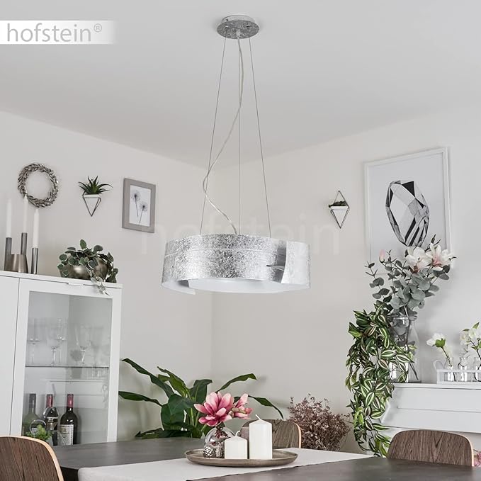 hofstein Hanglamp Novara met lampenkap in zilverkleurige golven, hanglamp van metaal, lamp eettafel E27-fitting, zonder gloeilampen photo 3