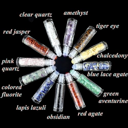Miniatura 5 de Paquete de 5 botellas transparentes de 0.3 fl oz con chips de cristal de chakra naturales para aceites esenciales, botellas enrollables de vidrio de
