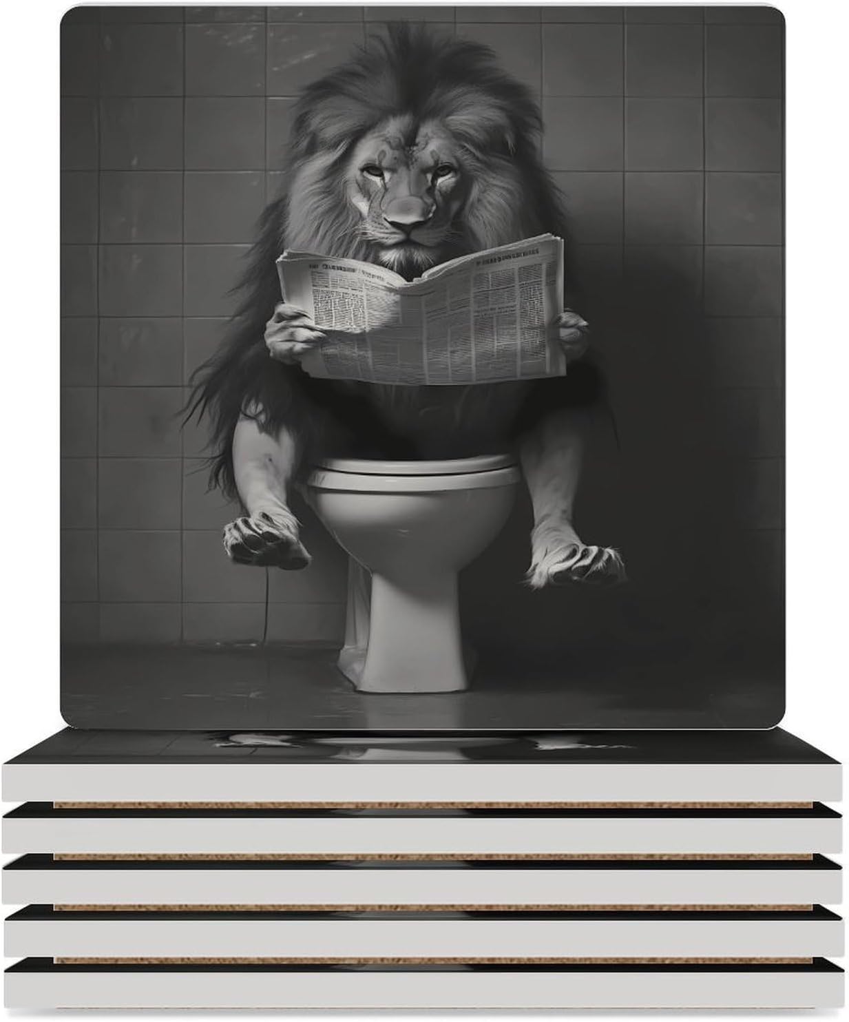 Funny Lion on Toilet Ceramic Coasters Square Drinks Coaster Coffee Table Decor Table Coaster for Home Bar