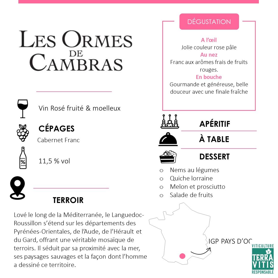 Les Ormes De Cambras - Vin Rosé Moelleux - Cabernet Franc - IGP Pays d'Oc - Lot 6 bouteilles x 75cl