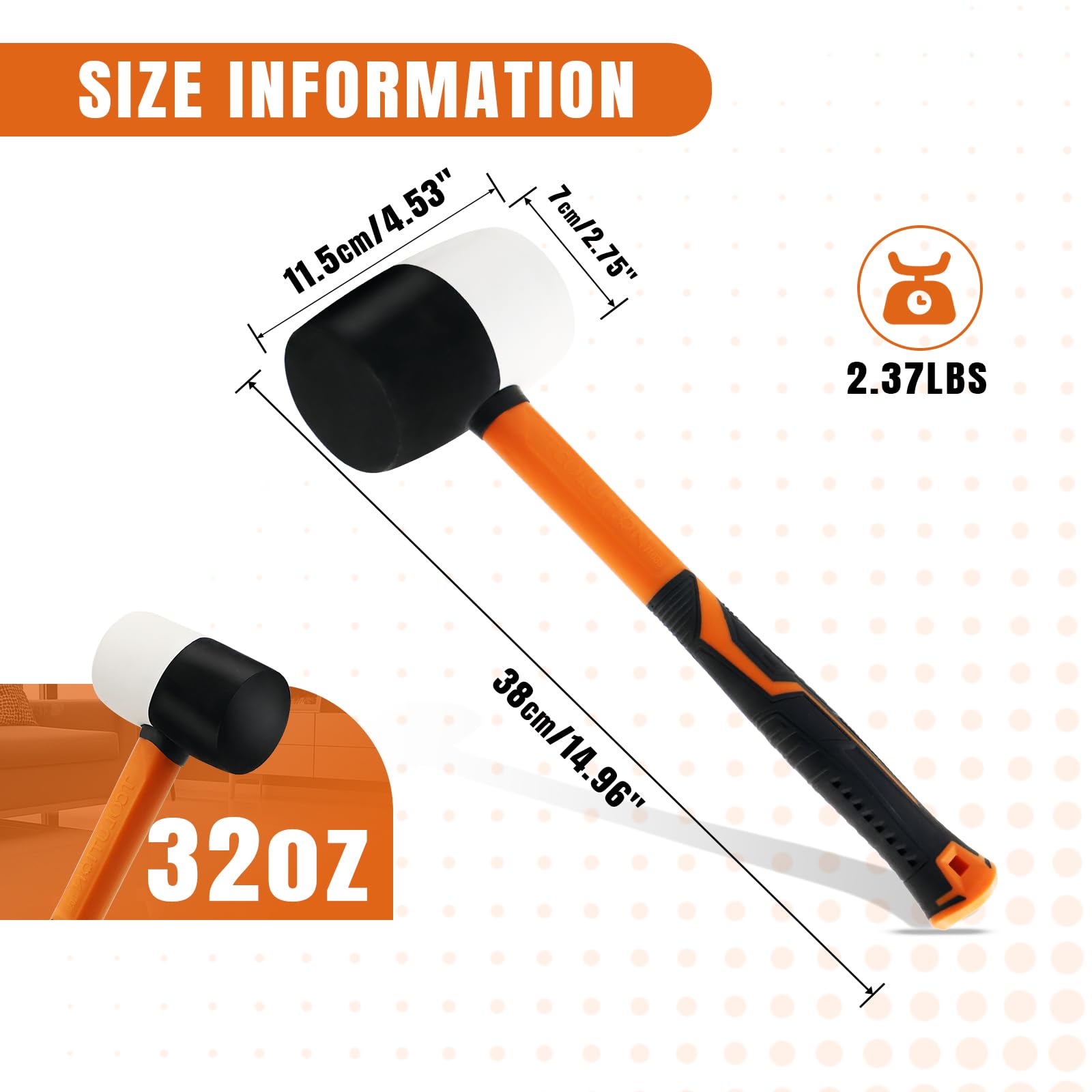 Mazo de goma - Mazo de cara blanda de 32 oz para la instalación de suelos y carpintería - Con mango de fibra de vidrio para proteger la superficie Rubber Mallet