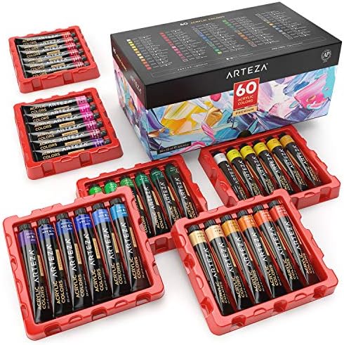 ARTEZA Acrylic Paint, Set of 60 Colors, 0.74 oz/22 ml Tubes, includes 5 Metallic Colors, Rich Pigments, Non-Fading, Non-Toxic Paints for Artist & Hobby Painters, Art Supplies for Painting