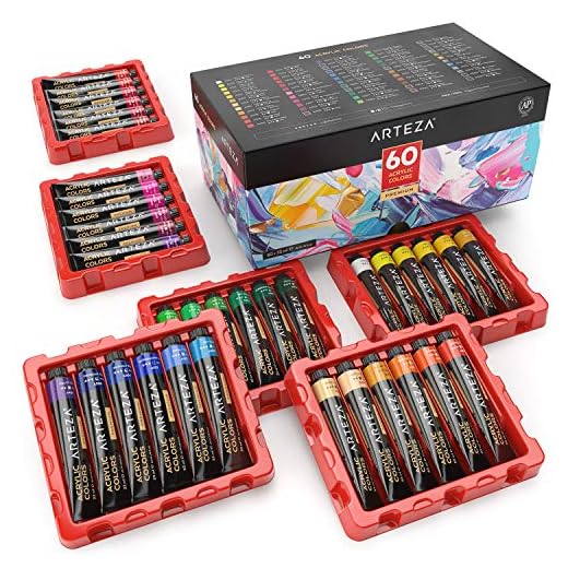 ARTEZA Tubos de pinturas acrílicas para el arte | Juego de 60 colores numerados | 60 tubos de 22 ml | Pintura acrílica de alta calidad para lienzos