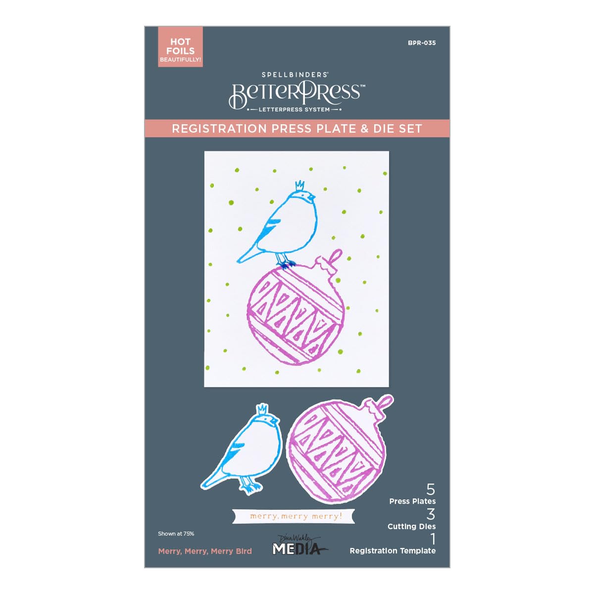 Merry, Merry, Merry Bird Registration Press Plate & Die Set from the Starry Holiday Collection by Dina Wakley