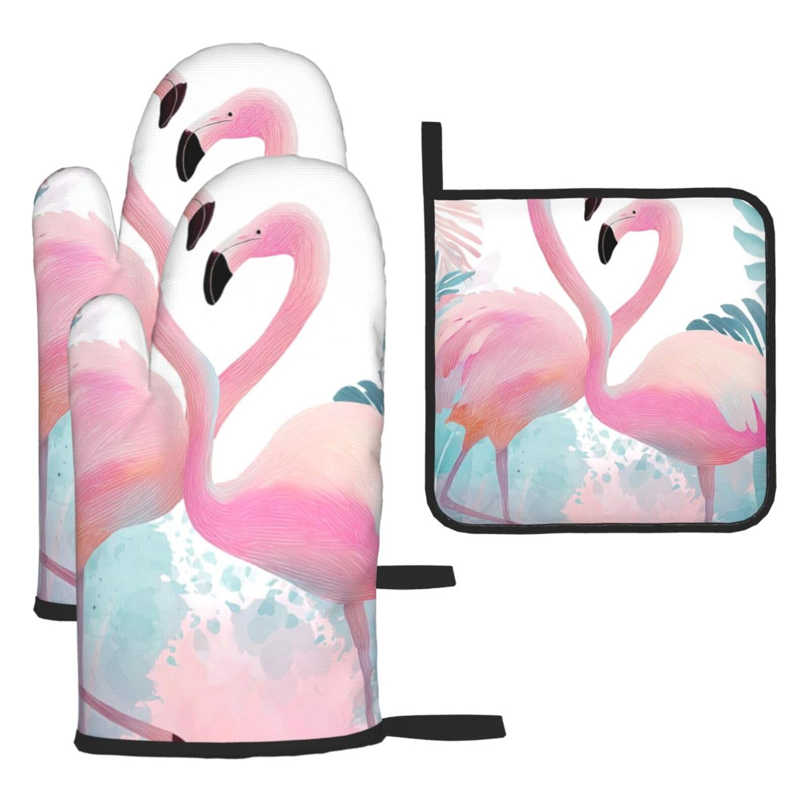 Oven Mitts and Pot Holders Sets of 3 Love Flamingo Oven Mitts 3 Pcs Heat Resistant Non Slip Ovens Gloves Hot Pads Kitchen Gloves Potholders for Baking Cooking BBQ Grilling