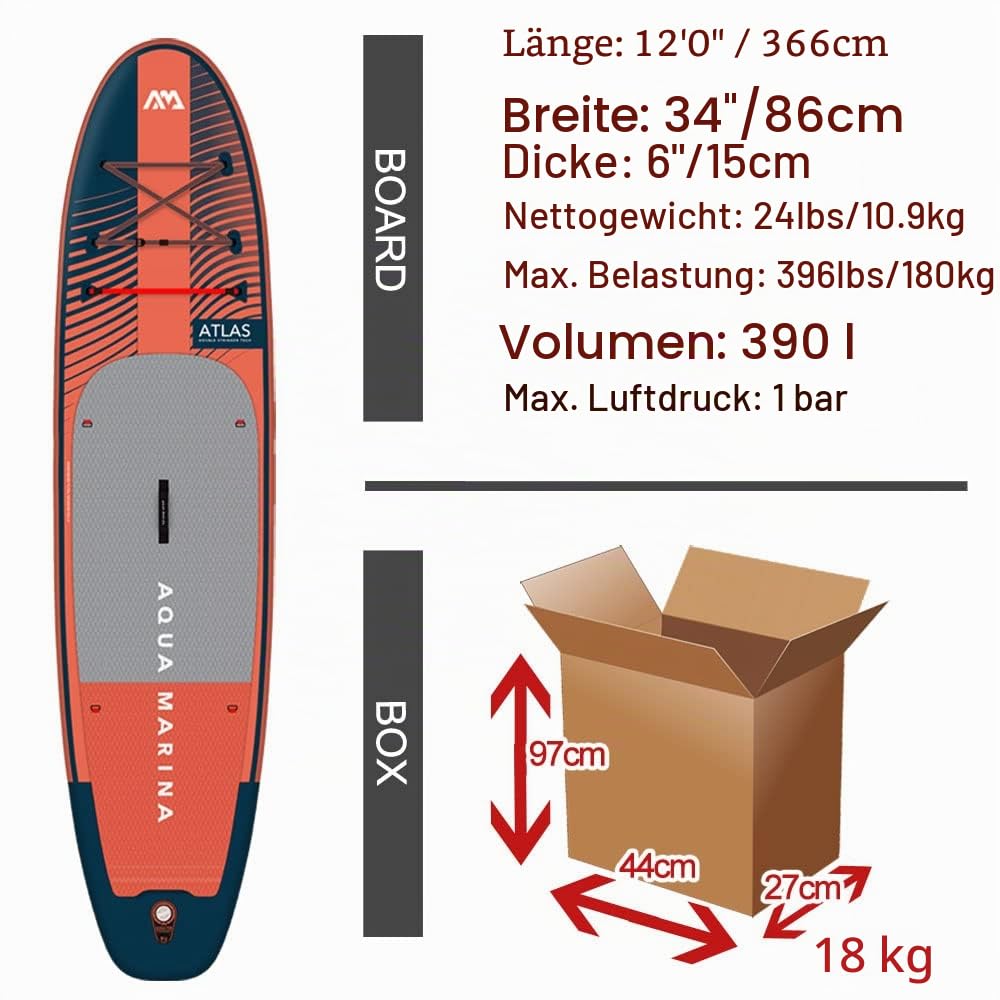 Aqua Marina Atlas 3.6 m Premium Aufblasbares Stand Up Paddle Board (iSUP) Paket, 366cm Länge