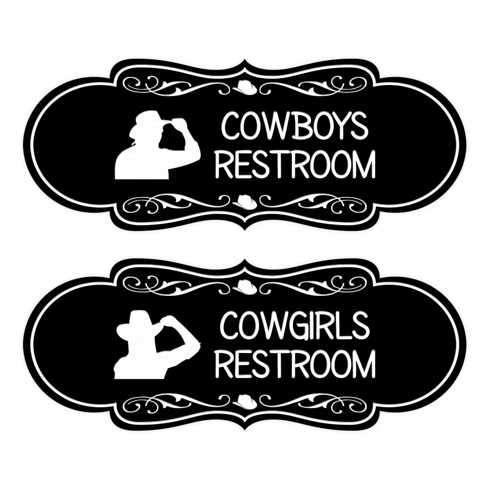 Designer Cowgirls and Cowboys Novelty Restroom Signs, Set of 2 (Black) - Large